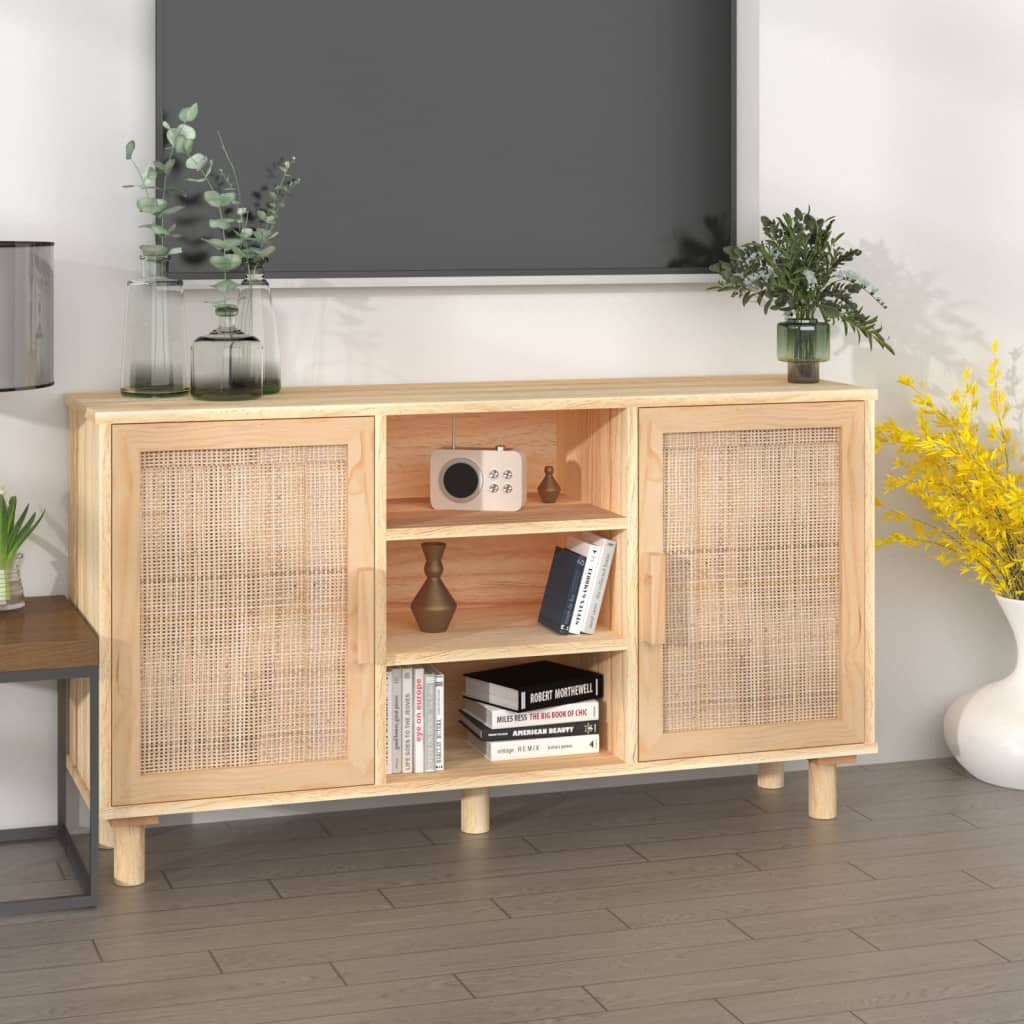 Credenza Marrone 105x30x60cm Massello Di Pino E Rattan Naturale