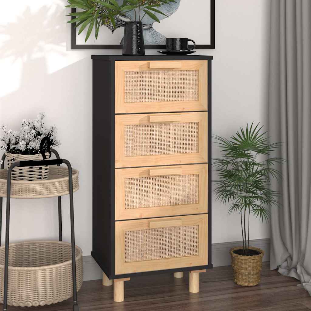 Credenza Nera 40x30x90 Cm Legno Massello Pino E Rattan Naturale