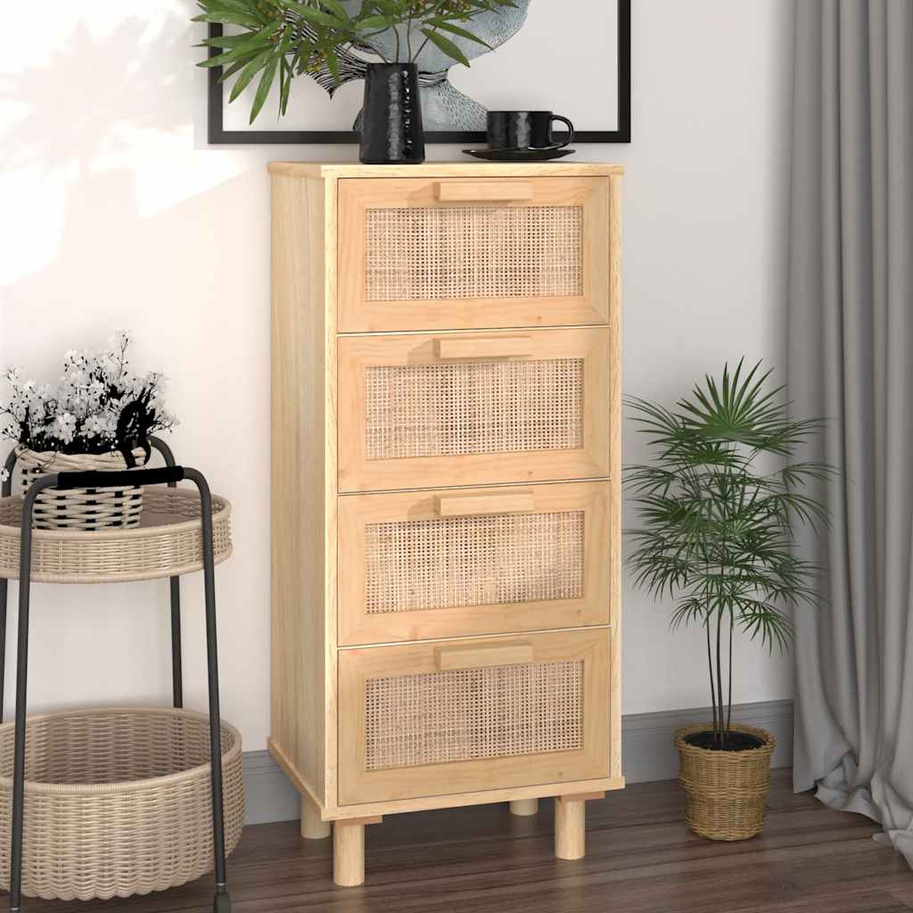 Credenza Marrone 40x30x90cm Legno Massello Pino Rattan Naturale