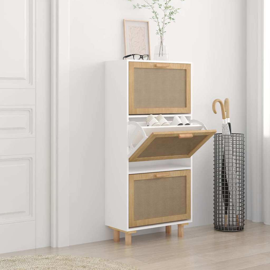 Scarpiera Bianca52x25x115cm Legno Multistrato E Rattan Naturale