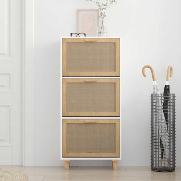 Scarpiera Bianca52x25x115cm Legno Multistrato E Rattan Naturale - Image 3