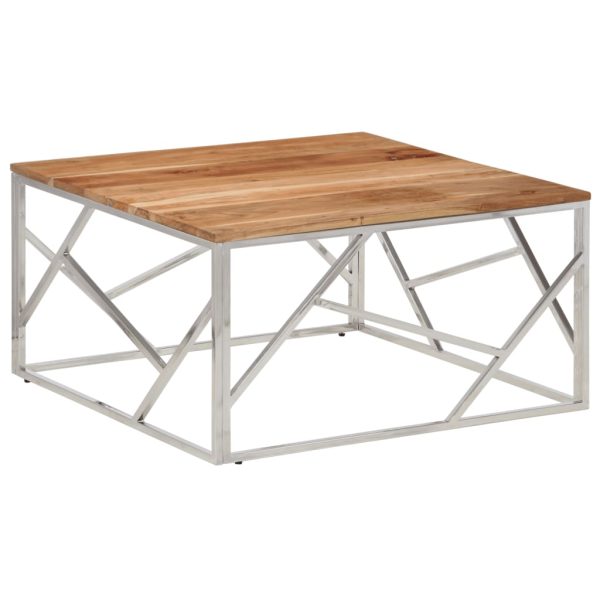 Tavolino Salotto Argento Acciaio Inox E Legno Massello Acacia - Image 2