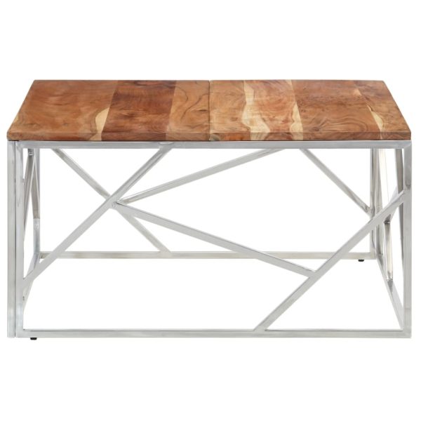 Tavolino Salotto Argento Acciaio Inox E Legno Massello Acacia - Image 4