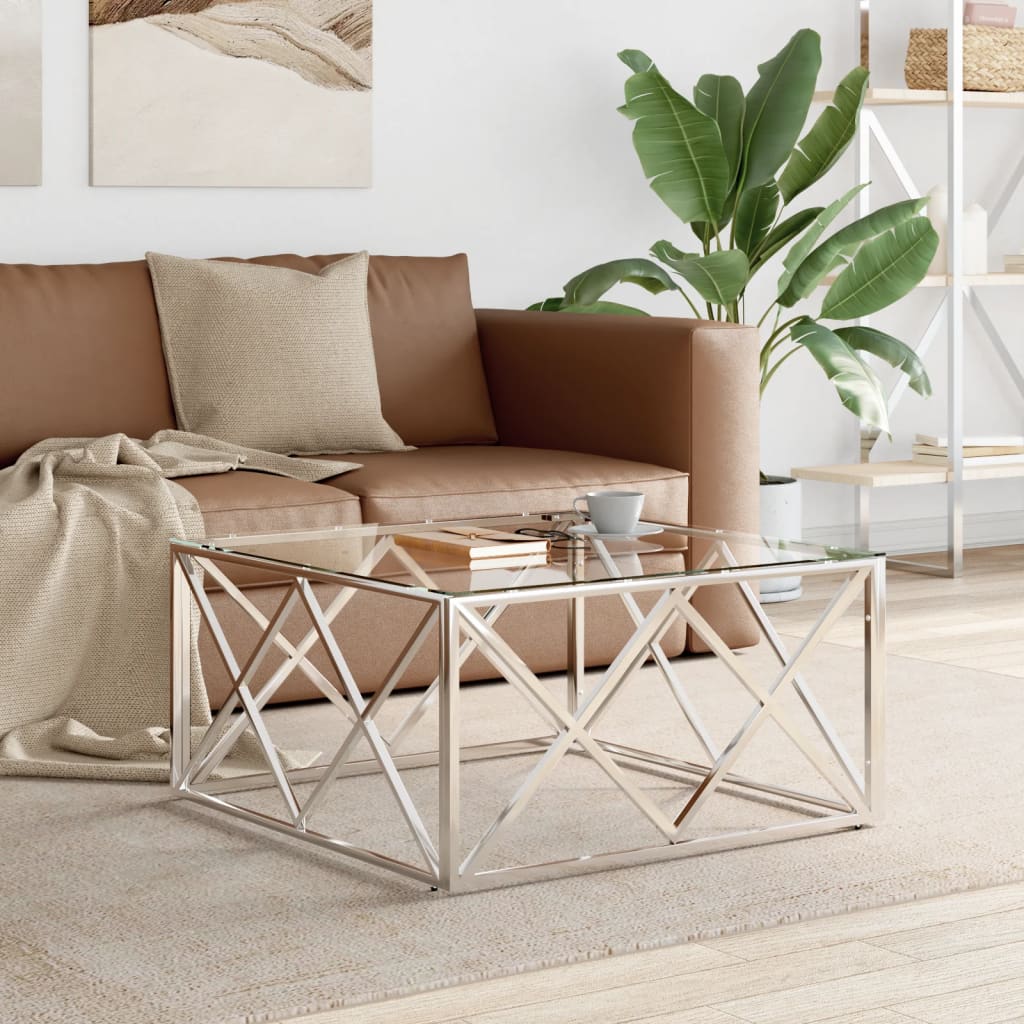 Tavolino Da Salotto 80x80x40 Cm In Acciaio Inox E Vetro