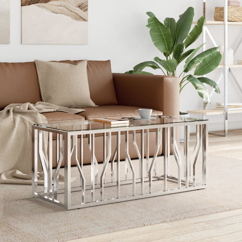 Tavolino Da Salotto 110x45x45 Cm In Acciaio Inox E Vetro