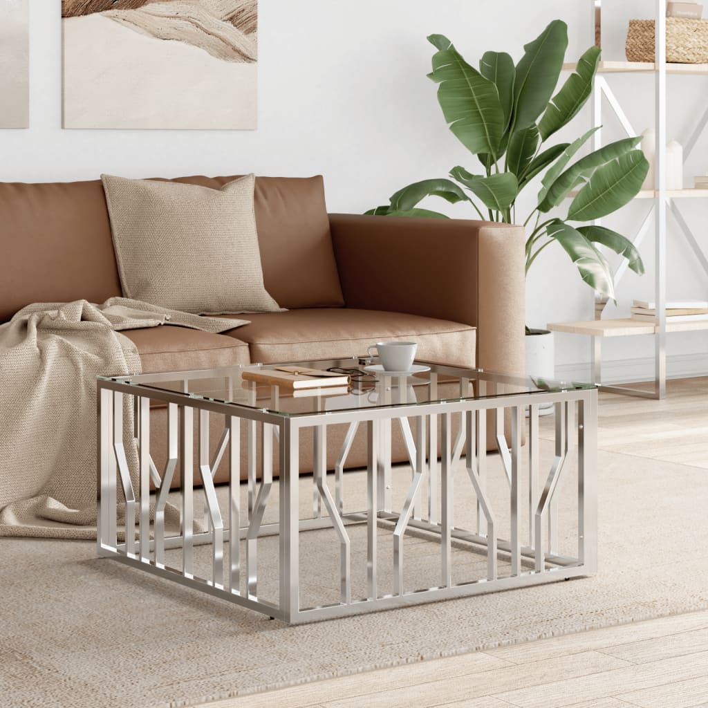 Tavolino Da Salotto 80x80x40 Cm In Acciaio Inox E Vetro