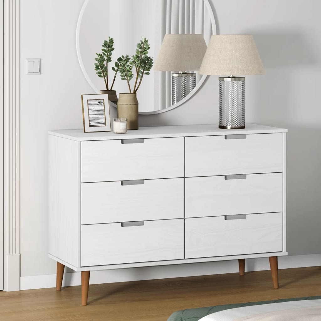 Cassettiera Molde Bianca 113x40x80 Cm In Legno Massello Di Pino