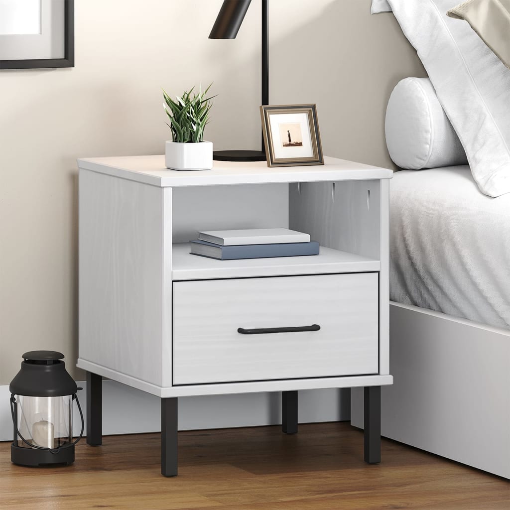Comodino Con Gambe In Metallo Bianco Legno Massello Pino Oslo