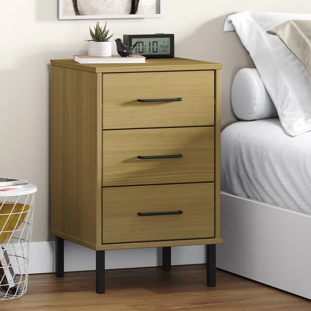 Comodino Con Gambe In Metallo Marrone Legno Massello Pino Oslo