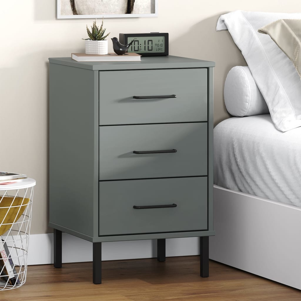Comodino Con Gambe In Metallo Grigio Legno Massello Pino Oslo
