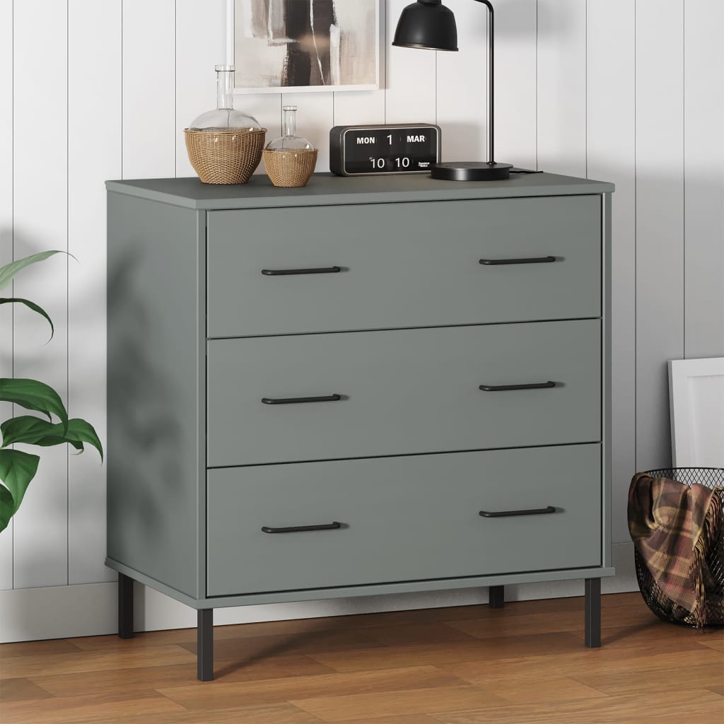 Credenza Con 3 Cassetti Grigio 77x40x79,5cm Legno Massello Oslo