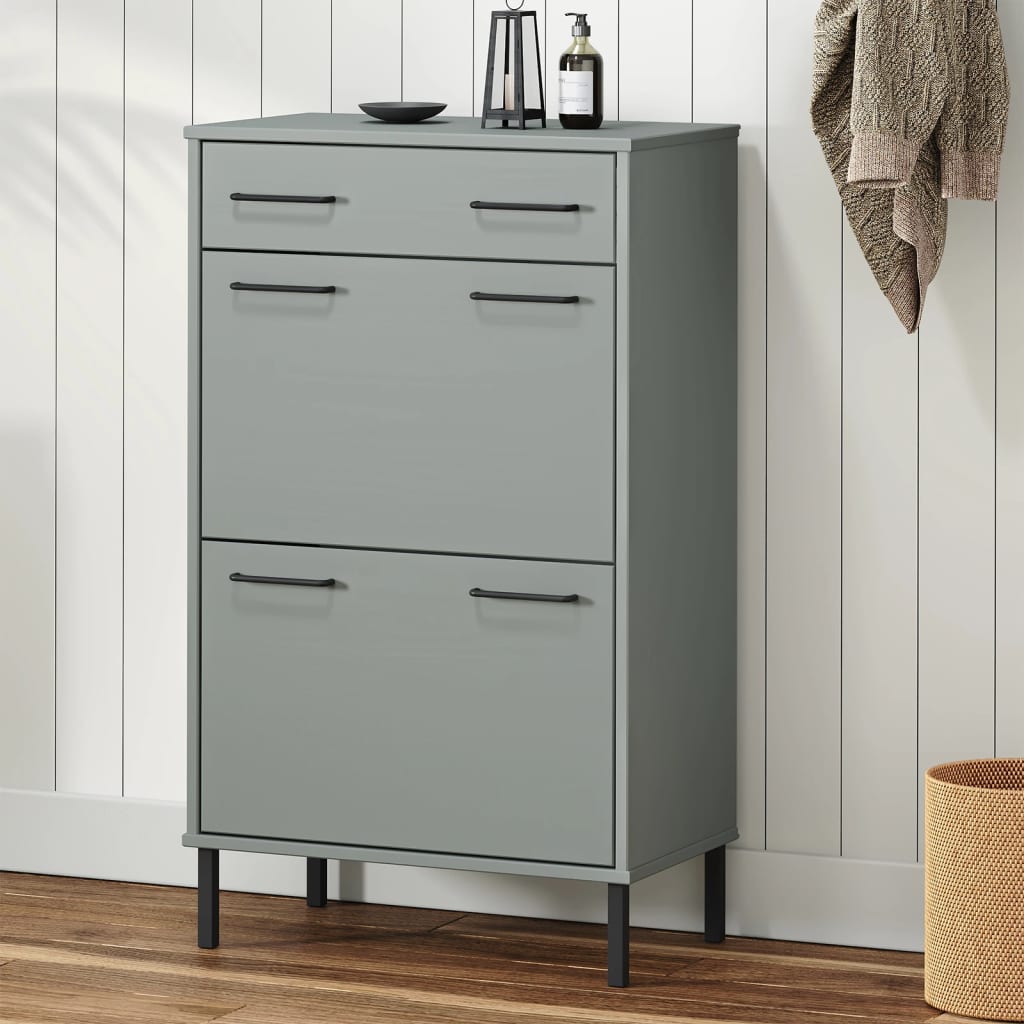 Scarpiera Con Gambe Metallo Grigio Legno Massello Di Pino Oslo