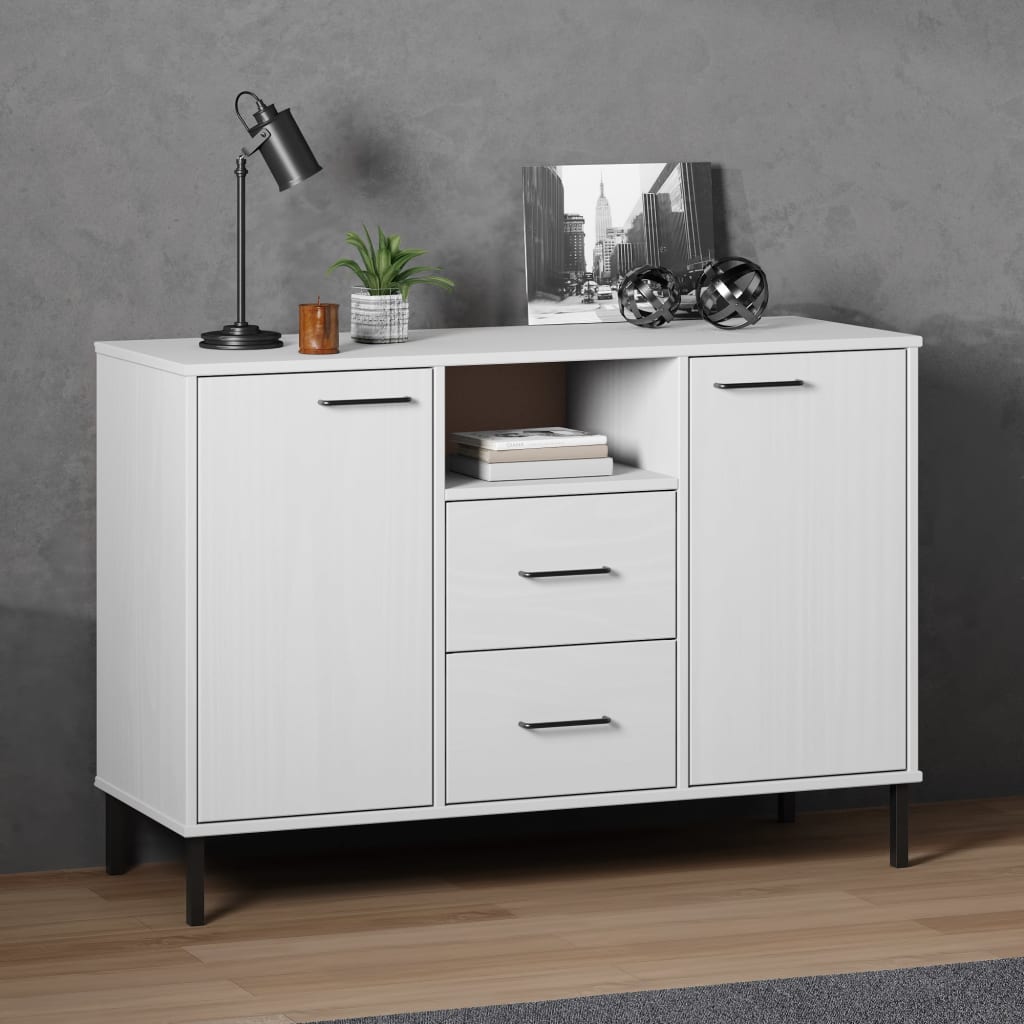 Credenza Gambe Metallo Bianco 113x40x77 Cm Legno Massello Oslo