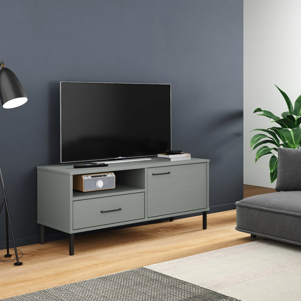 Mobile Tv Con Gambe Metallo Grigio Legno Massello Di Pino Oslo