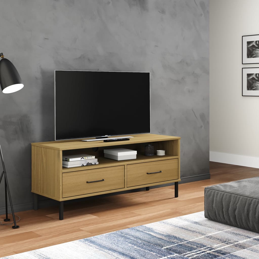 Mobile Tv Con Gambe Metallo Marrone Legno Massello Di Pino Oslo