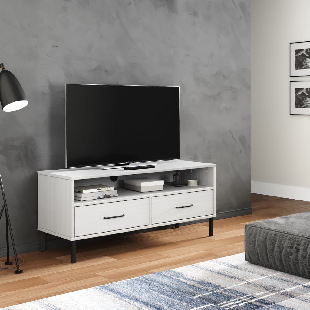 Mobile Tv Con Gambe Metallo Bianco Legno Massello Di Pino Oslo