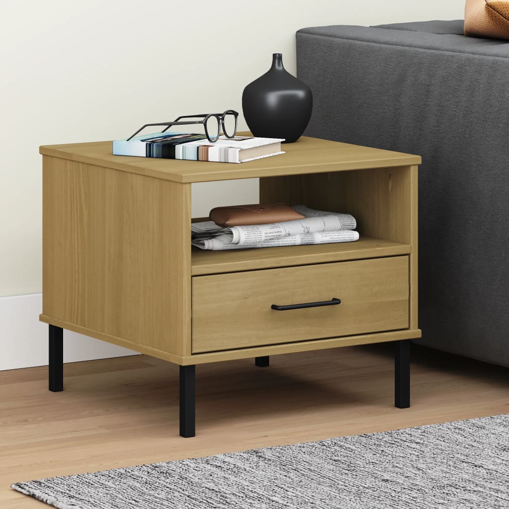 Comodino Con Gambe In Metallo Marrone Legno Massello Pino Oslo