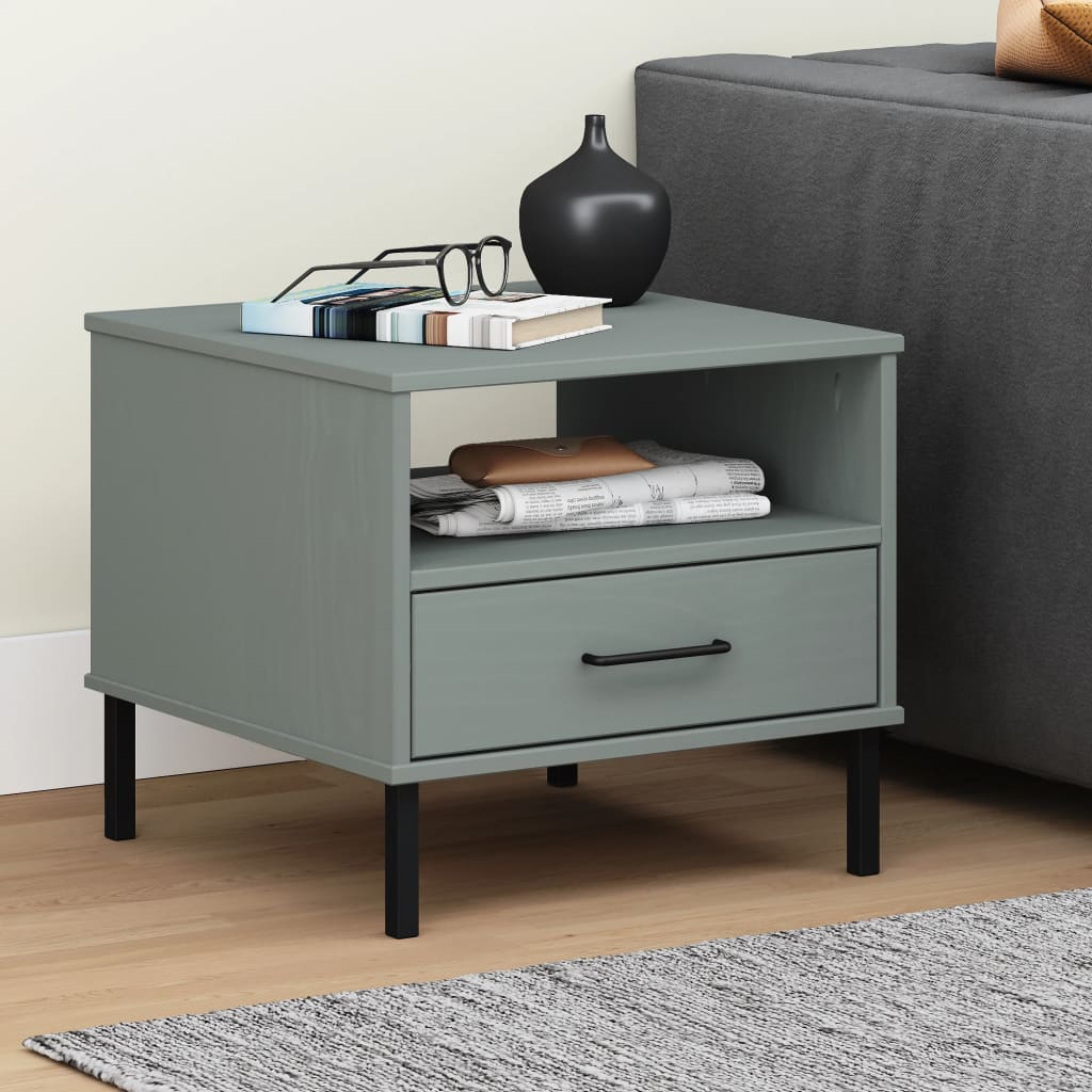 Comodino Con Gambe In Metallo Grigio Legno Massello Pino Oslo