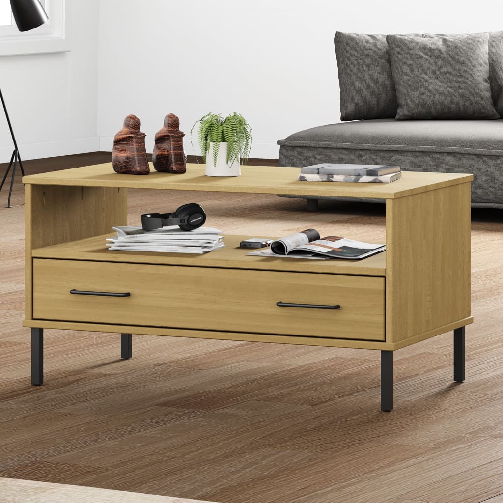 Tavolino Gambe Metallo Marrone 85x50x45 Cm Legno Massello Oslo