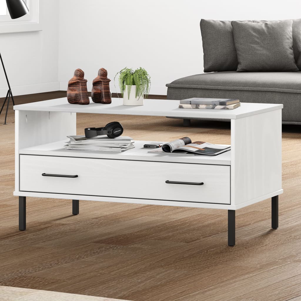 Tavolino Gambe Metallo Bianco 85x50x45 Cm Legno Massello Oslo