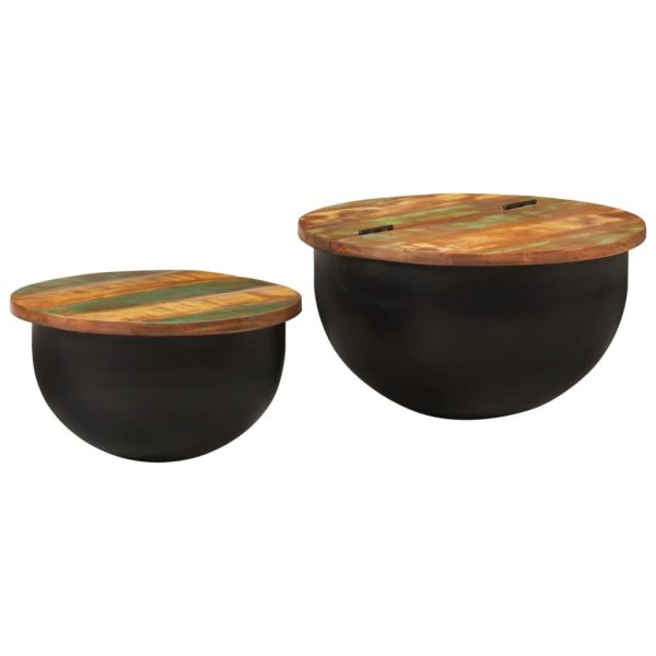 Set Tavolini Da Salotto 2 Pz Nero In Legno Massello Di Recupero
