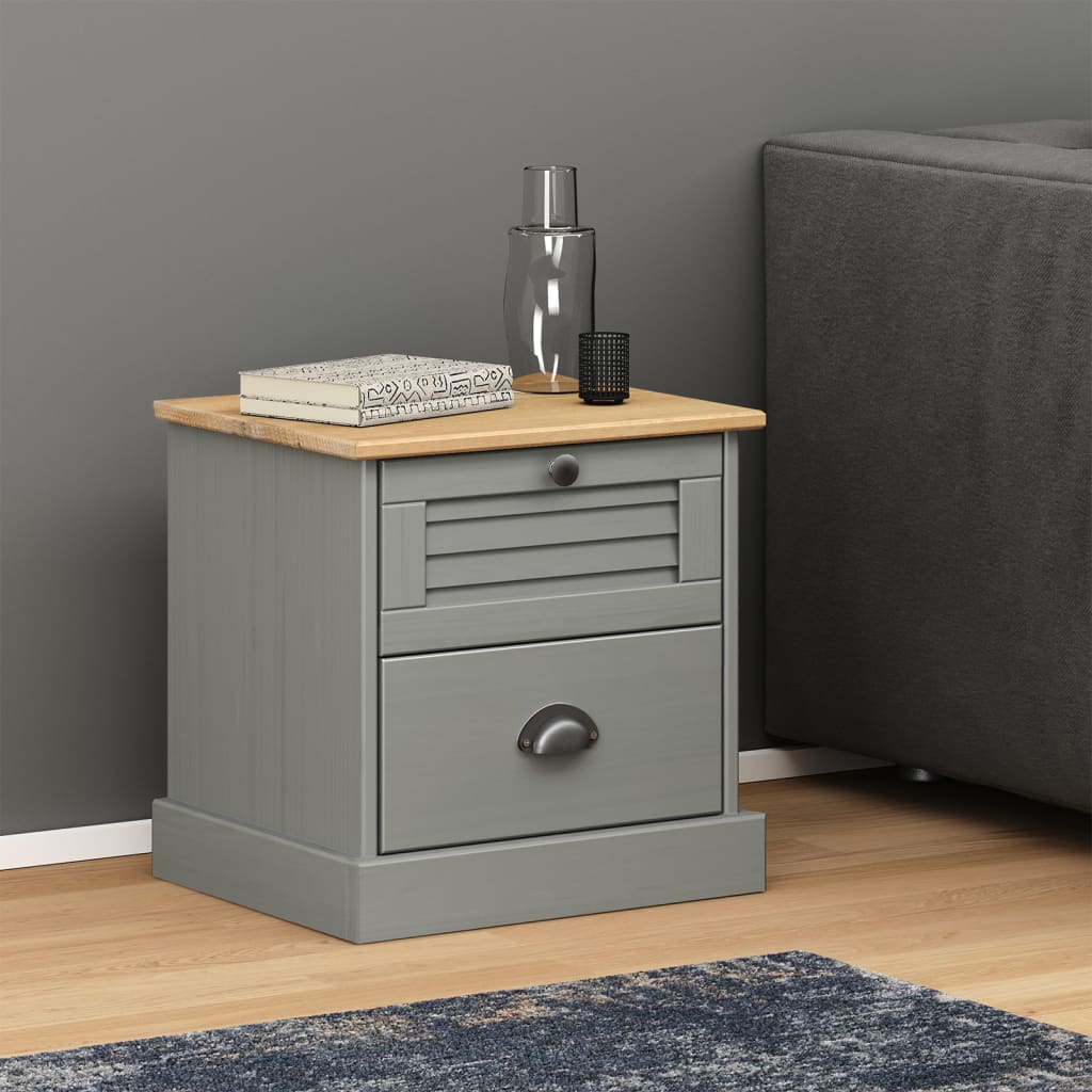 Comodino Vigo Grigio 42x35x42 Cm In Legno Massello Di Pino