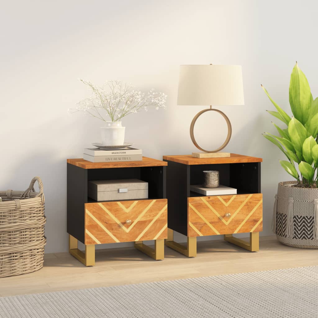 Comodini 2 Pz Marrone E Nero In Legno Massello Di Mango
