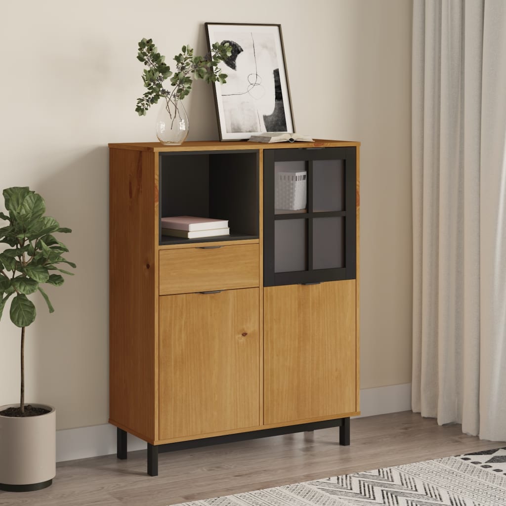 Credenza Con Anta In Vetro Flam 92x40x122,5 Cm In Legno Di Pino