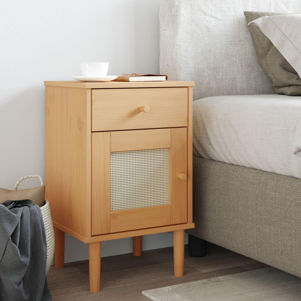 Comodino Senja Aspetto Rattan Marrone 40x35x65 Cm In Legno Pino