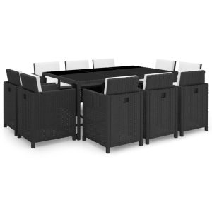 Set Da Pranzo Da Giardino 11 Pz Con Cuscini In Polyrattan Nero