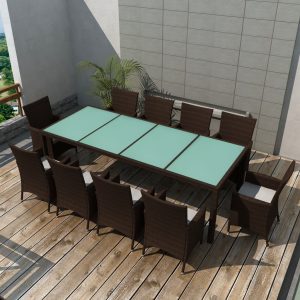 Set Da Pranzo Da Giardino 11 Pz E Cuscini In Polyrattan Marrone