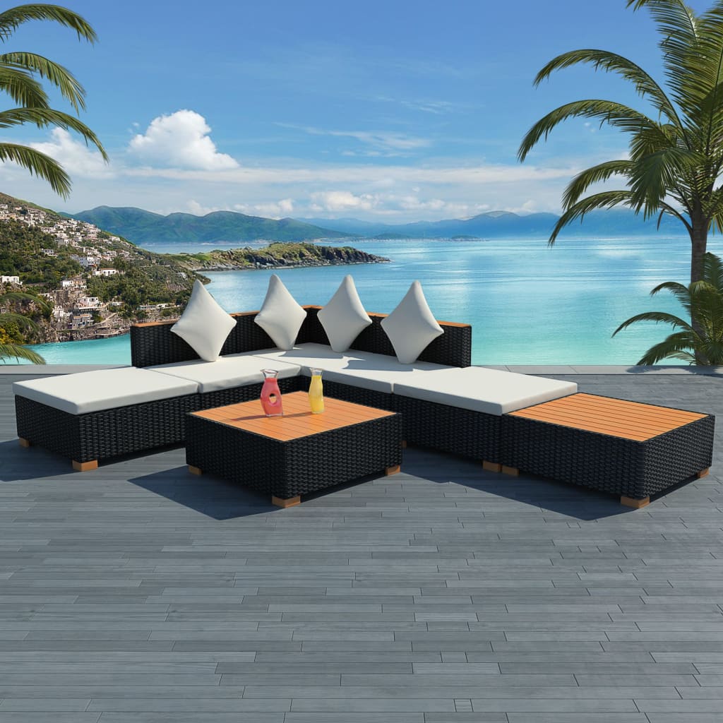 Set Divani Da Giardino 7 Pz Con Cuscini In Polyrattan Nero