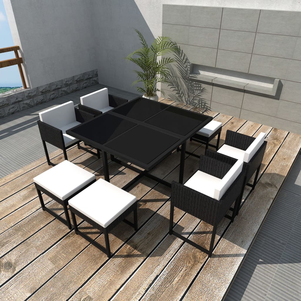 Set Da Pranzo Da Giardino 9 Pz Con Cuscini In Polyrattan Nero