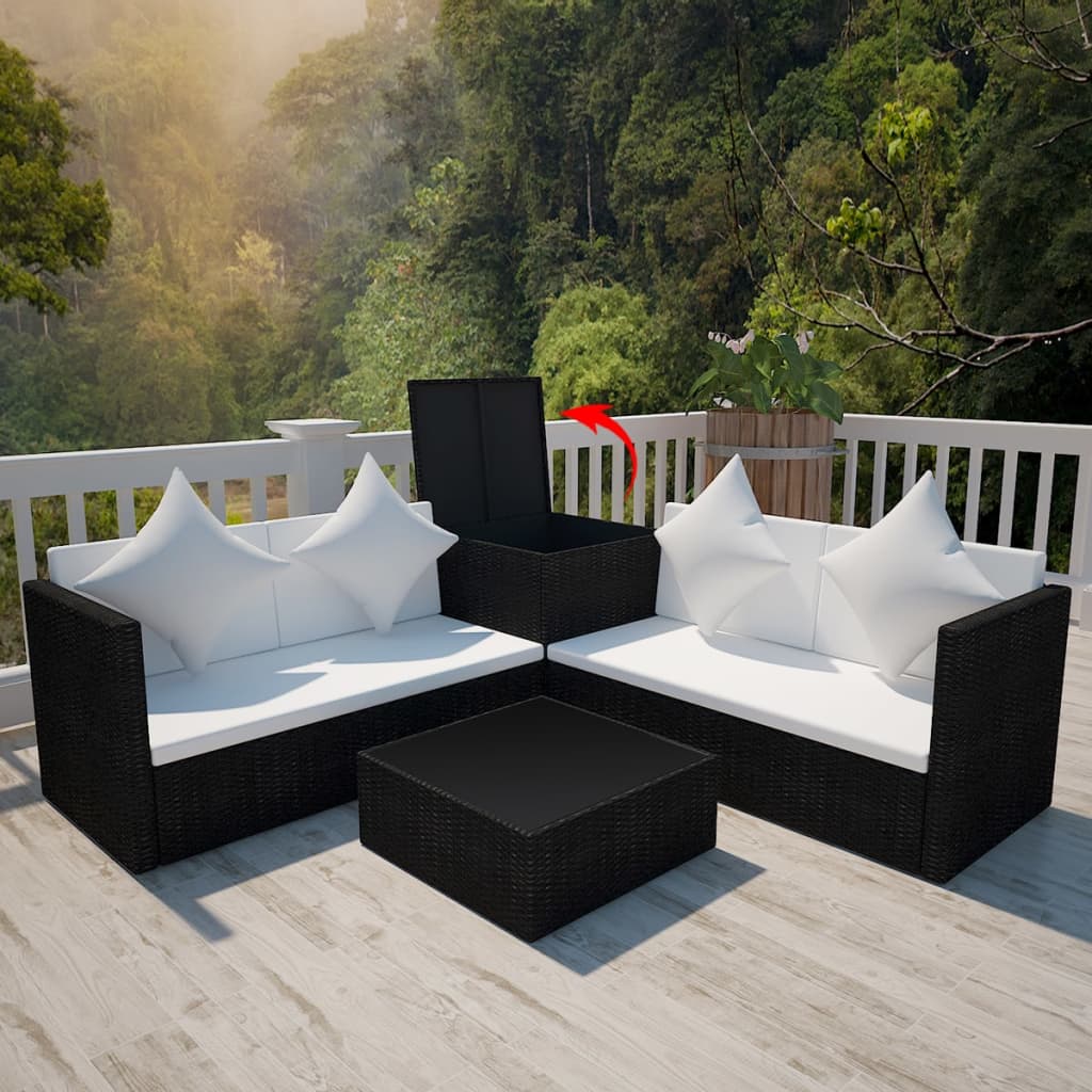 Set Divani Da Giardino 4 Pz Con Cuscini In Polyrattan Nero - Image 3