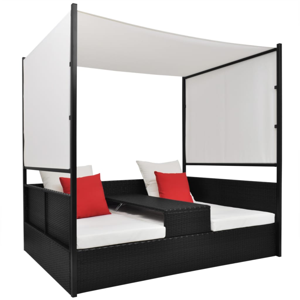 Lettino Da Giardino Con Tetto Nero 190x130 Cm In Polyrattan