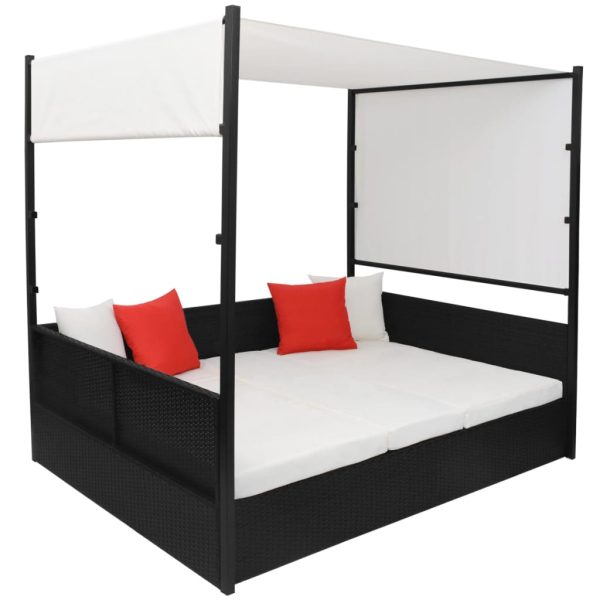 Lettino Da Giardino Con Tetto Nero 190x130 Cm In Polyrattan - Image 3