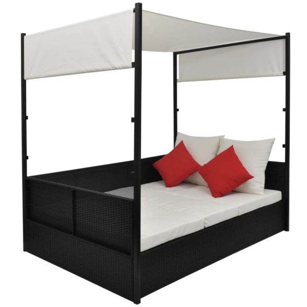 Lettino Da Giardino Con Tetto Nero 190x130 Cm In Polyrattan - Image 4