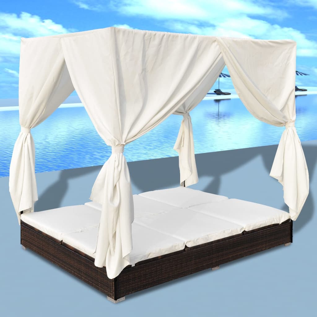 Lettino Prendisole Con Tende In Polyrattan Marrone