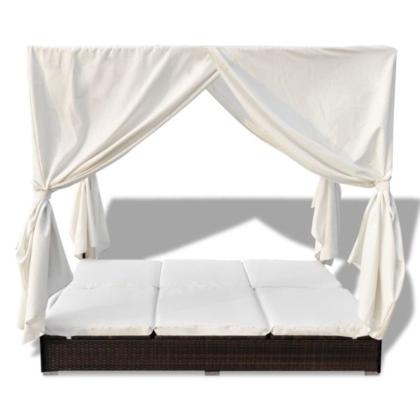 Lettino Prendisole Con Tende In Polyrattan Marrone - Image 3