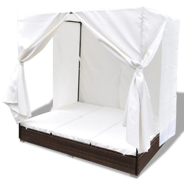 Lettino Prendisole Con Tende In Polyrattan Marrone - Image 4