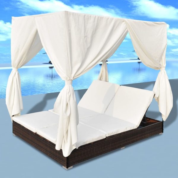 Lettino Prendisole Con Tende In Polyrattan Marrone - Image 5