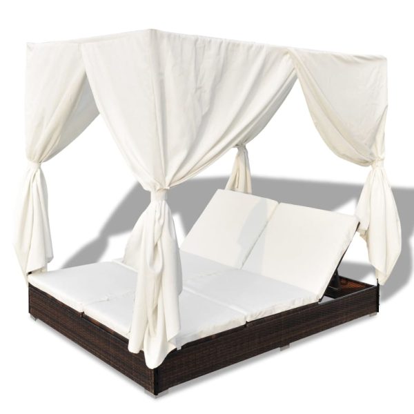 Lettino Prendisole Con Tende In Polyrattan Marrone - Image 6