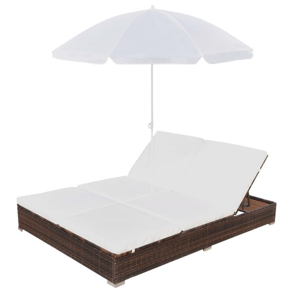 Lettino Prendisole Con Ombrellone In Polyrattan Marrone - Image 3