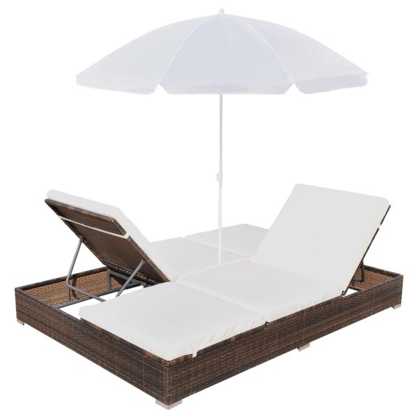 Lettino Prendisole Con Ombrellone In Polyrattan Marrone - Image 5