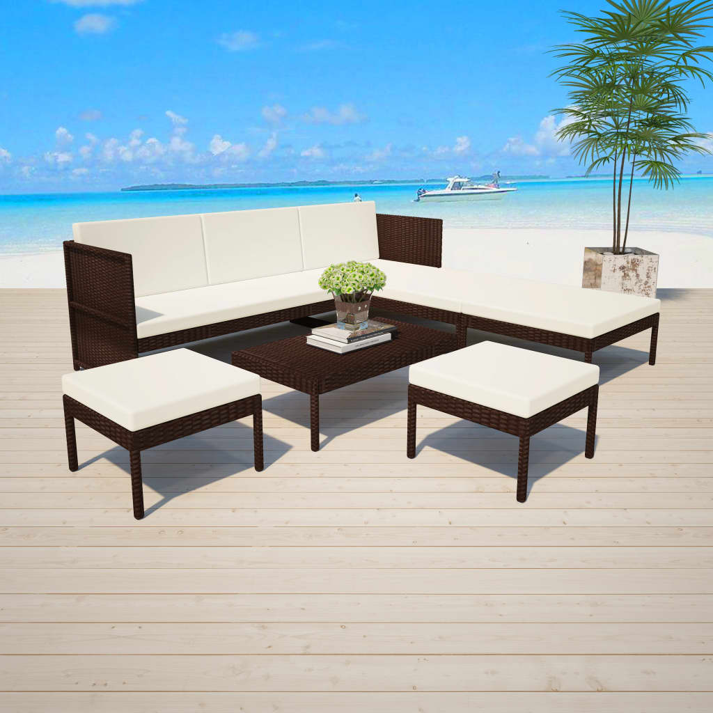 Set Divani Da Giardino 6 Pz Con Cuscini In Polyrattan Marrone