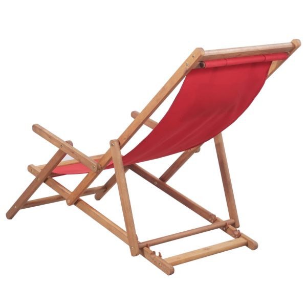 Sdraio Da Spiaggia Pieghevole Telaio In Legno E Tessuto Rosso - Image 3