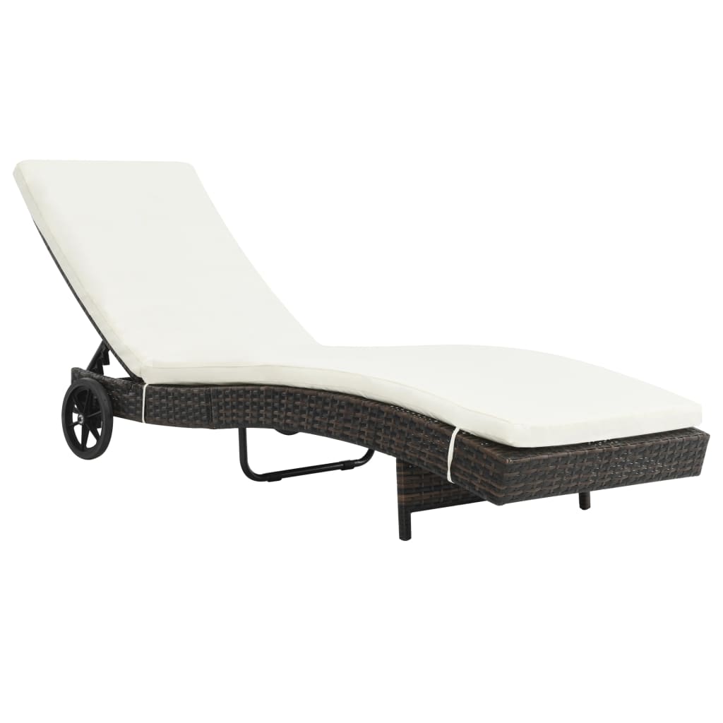 Lettino Prendisole Con Ruote E Cuscino In Polyrattan Marrone