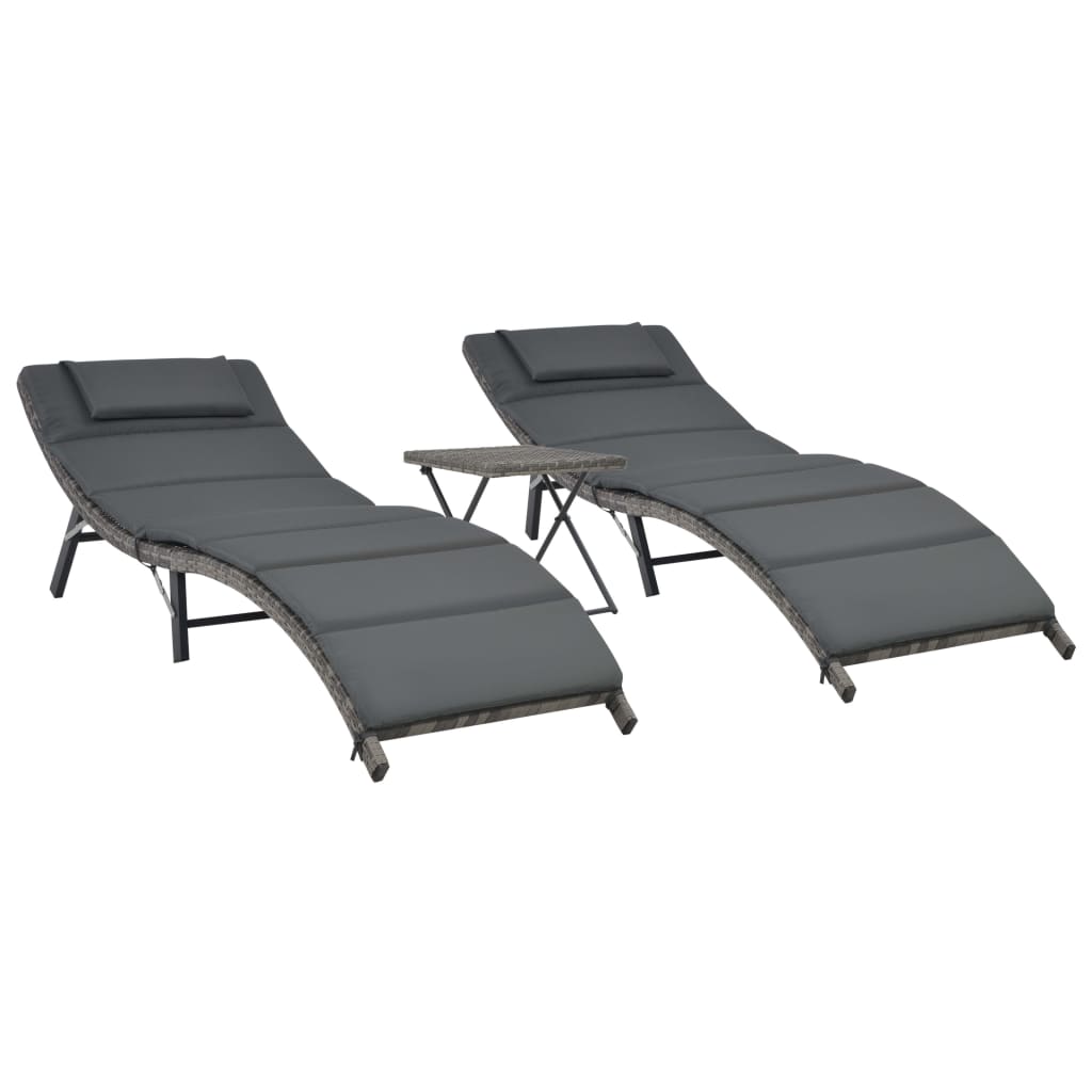 Set Lettini Da Giardino 3 Pz Pieghevoli In Polyrattan Grigio