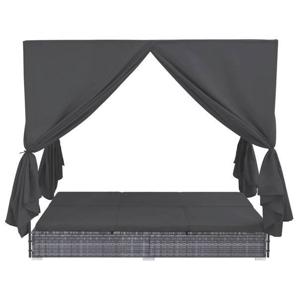 Lettino Prendisole Con Tende In Polyrattan Grigio - Image 3