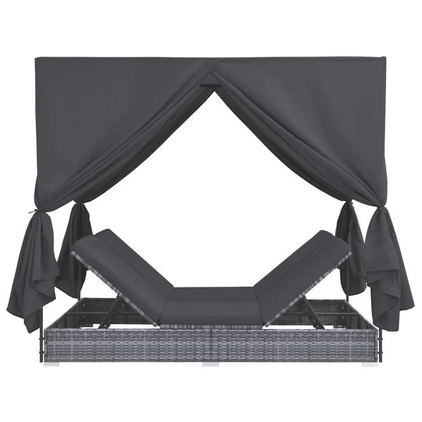 Lettino Prendisole Con Tende In Polyrattan Grigio - Image 4